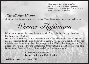 Traueranzeige von Werner Floßmann von Südthüringer Presse