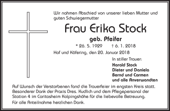 Traueranzeige von Erika Stock von Frankenpost