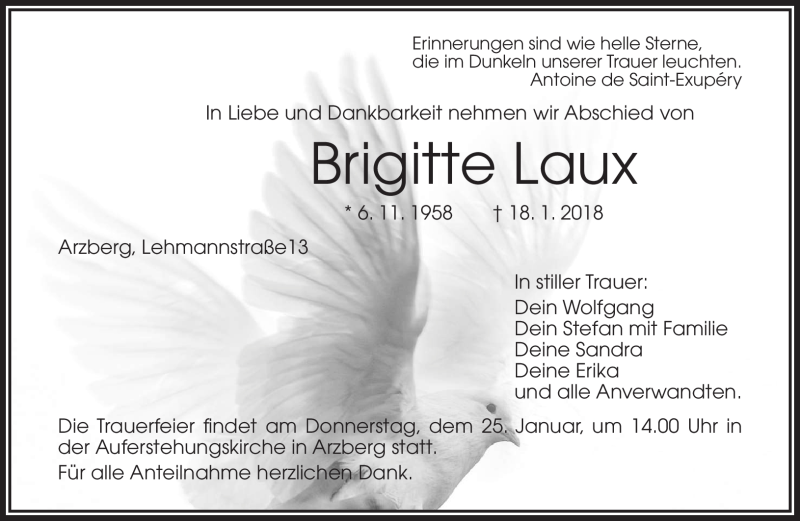  Traueranzeige für Brigitte Laux vom 23.01.2018 aus Frankenpost