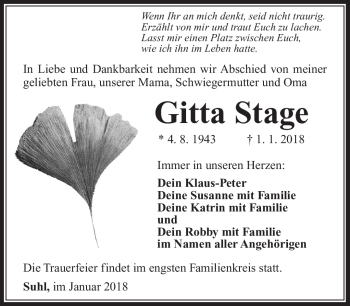 Traueranzeige von Gitta Stage von Südthüringer Presse