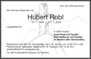 Traueranzeige von Hubert Robl von Frankenpost