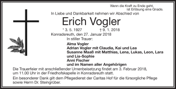 Traueranzeige von Erich Vogler von Frankenpost