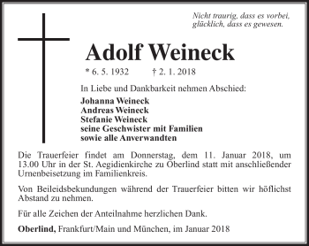 Traueranzeige von Adolf Weineck von Südthüringer Presse