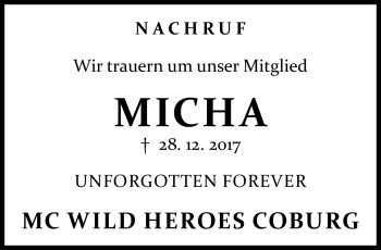 Traueranzeige von Micha  von Neue Presse Coburg