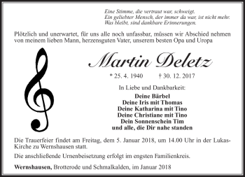 Traueranzeige von Martin Deletz von Südthüringer Presse