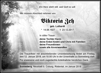 Traueranzeige von Viktoria Zeh von Südthüringer Presse