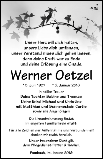 Traueranzeige von Werner Oetzel von Südthüringer Presse