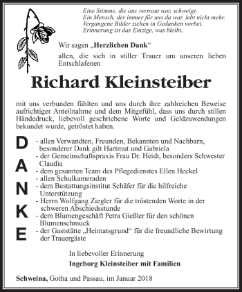 Traueranzeige von Richard Kleinsteiber von Südthüringer Presse