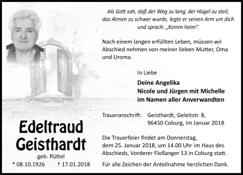 Traueranzeige von Edeltraud Geisthardt von Neue Presse Coburg