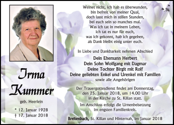 Traueranzeige von Irma Kummer von Südthüringer Presse