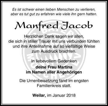 Traueranzeige von Manfred Jacob von Südthüringer Presse