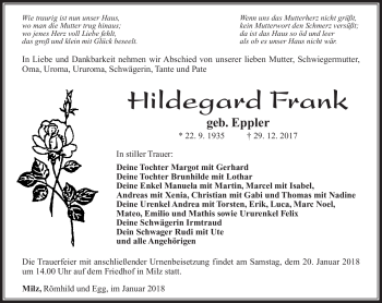 Traueranzeige von Hildegard Frank von Südthüringer Presse