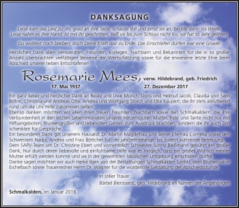 Traueranzeige von Rosemarie Mees von Südthüringer Presse