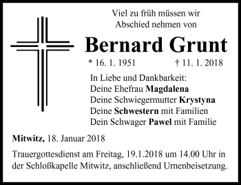 Traueranzeige von Bernard Grunt von Neue Presse Coburg