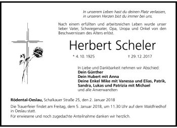 Traueranzeige von Herbert Scheler von Neue Presse Coburg