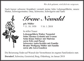Traueranzeige von Irene Newald von Südthüringer Presse