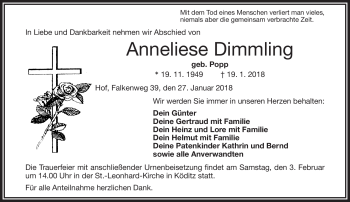 Traueranzeige von Anneliese Dimmling von Frankenpost