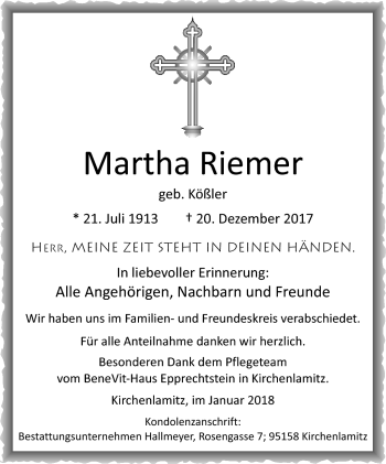 Traueranzeige von Martha Riemer von Frankenpost