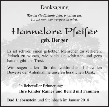 Traueranzeige von Hannelore Pfeifer von Südthüringer Presse