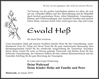 Traueranzeige von Ewald Heß von Südthüringer Presse