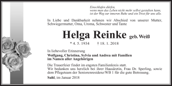 Traueranzeige von Helga Reinke von Südthüringer Presse