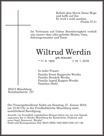 Traueranzeige von Wiltrud Werdin von Frankenpost