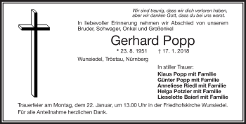 Traueranzeige von Gerhard Popp von Frankenpost