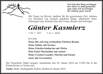 Traueranzeige von Günter Kasmierz von Südthüringer Presse