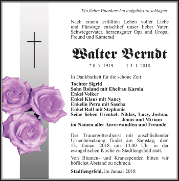 Traueranzeige von Walter Berndt von Südthüringer Presse