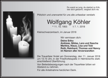 Traueranzeige von Wolfgang Köhler von Frankenpost