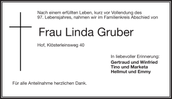 Traueranzeige von Linda Gruber von Frankenpost