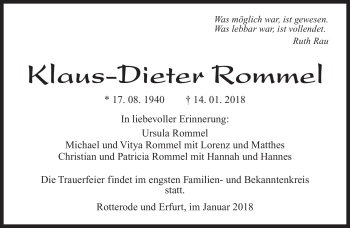 Traueranzeige von Klaus-Dieter Rommel von Südthüringer Presse