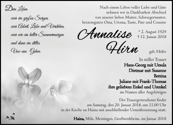 Traueranzeige von Annalise Hirn von Südthüringer Presse