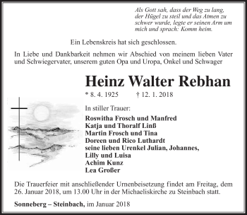Traueranzeige von Heinz Walter Rebhan von Südthüringer Presse