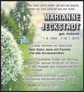 Traueranzeige von Marianne Jeckstedt von Südthüringer Presse