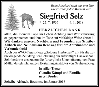 Traueranzeige von Siegfried Selz von Südthüringer Presse