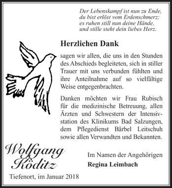Traueranzeige von Wolfgang Köditz von Südthüringer Presse