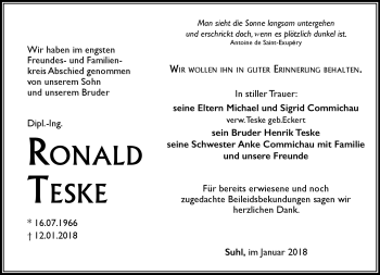 Traueranzeige von Ronald Teske von Südthüringer Presse