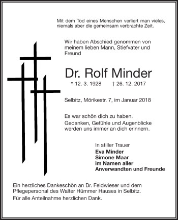 Traueranzeige von Rolf Minder von Frankenpost