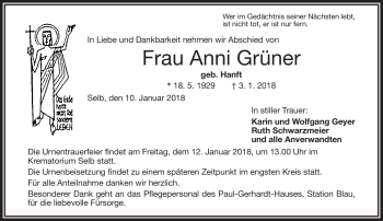 Traueranzeige von Anni Grüner von Frankenpost