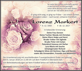 Traueranzeige von Lorenz Markert von Südthüringer Presse