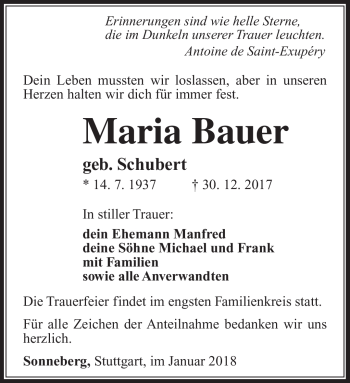 Traueranzeige von Maria Bauer von Südthüringer Presse