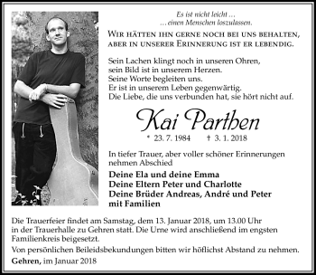 Traueranzeige von Kai Parthen von Südthüringer Presse