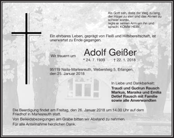 Traueranzeige von Adolf Geißler von Frankenpost