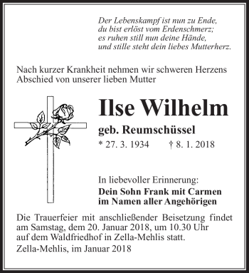 Traueranzeige von Ilse Wilhelm von Südthüringer Presse