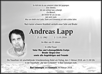 Traueranzeige von Andreas Lapp von Südthüringer Presse