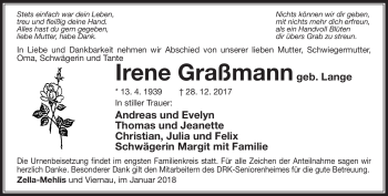 Traueranzeige von Irene Graßmann von Südthüringer Presse