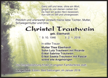 Traueranzeige von Christel Trautwein von Südthüringer Presse