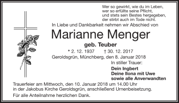Traueranzeige von Marianne Menger von Frankenpost