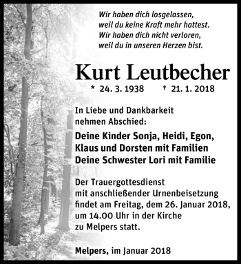 Traueranzeige von Kurt Leutbecher von Südthüringer Presse